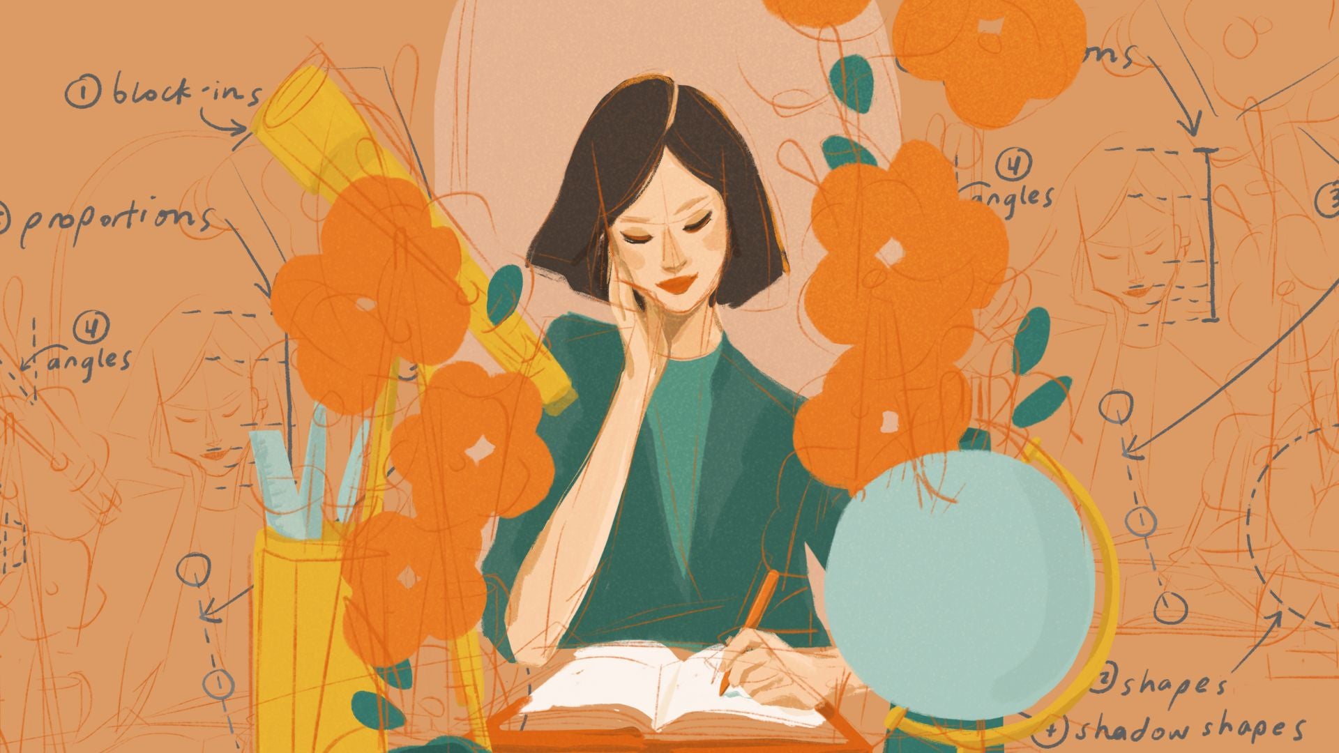 Sketch style drawing of a woman writing at her desk in a notebook.