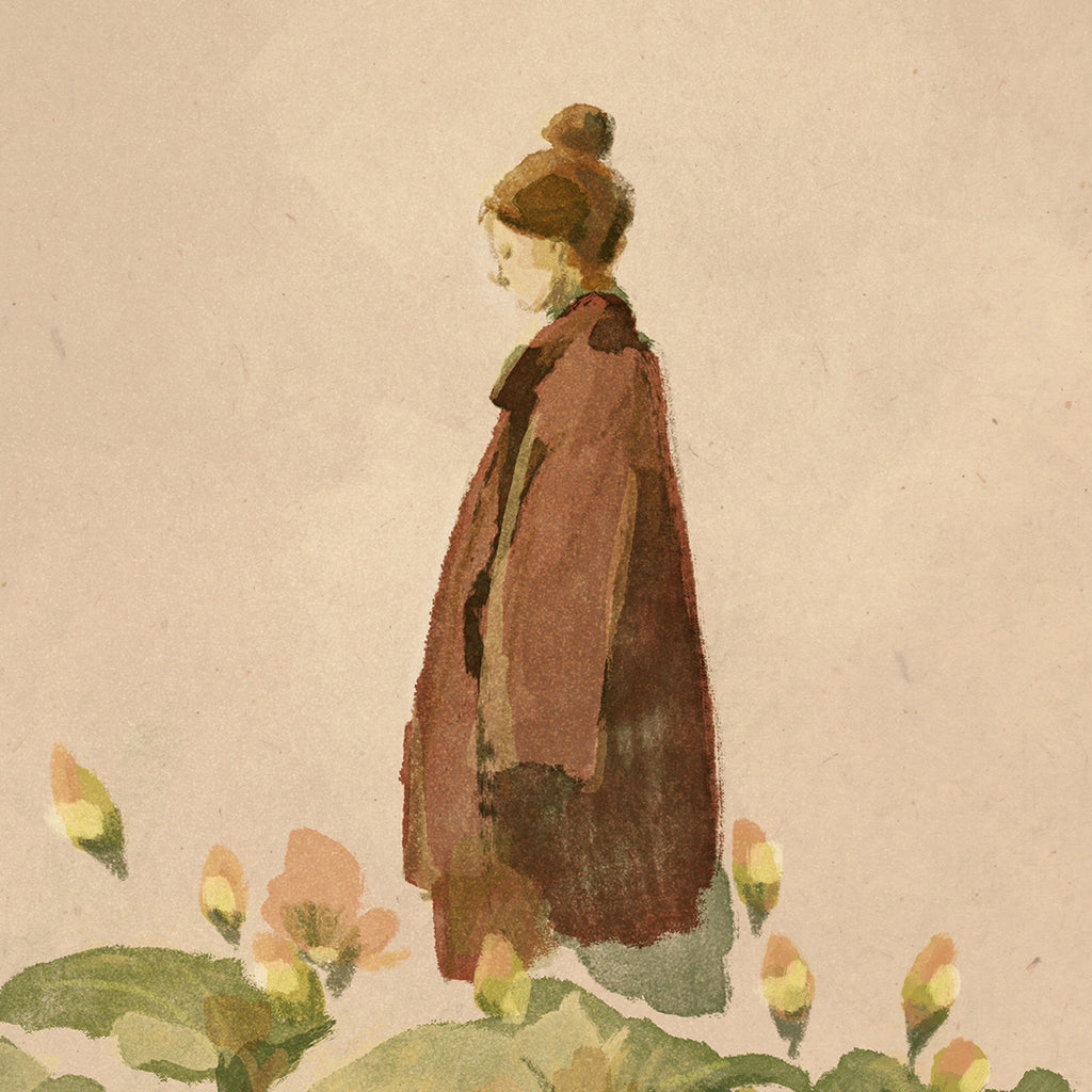 Original watercolor style painting of a woman standing among lotus flowers on a beige background