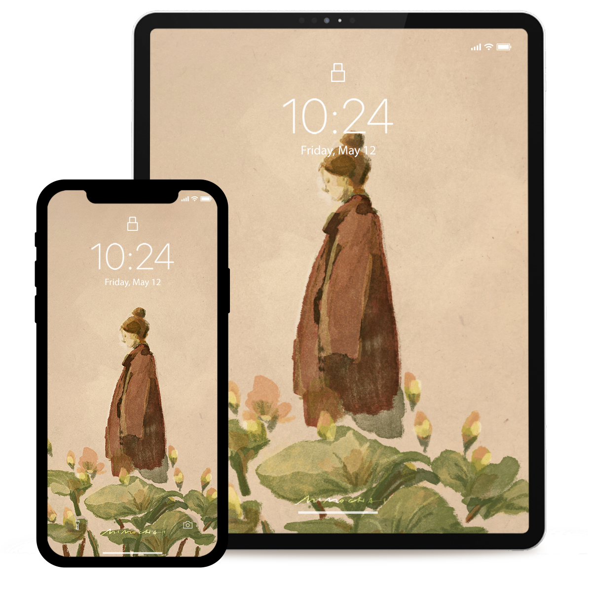 Two devices displaying a digital wallpaper screen with a person in a coat and hat and flowers.