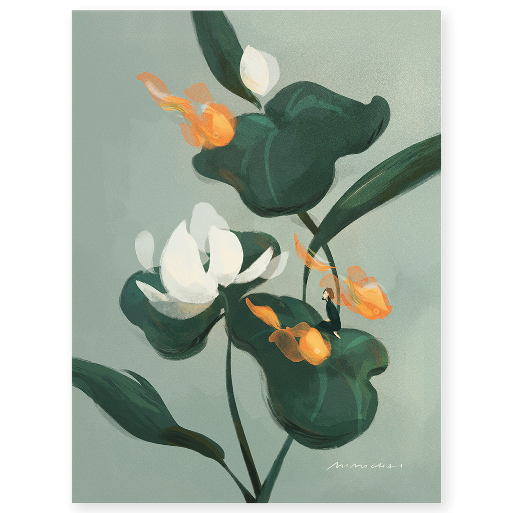 Art print of a woman sitting among lotus flowers with orange goldfish - mindful art for home - Mimochai