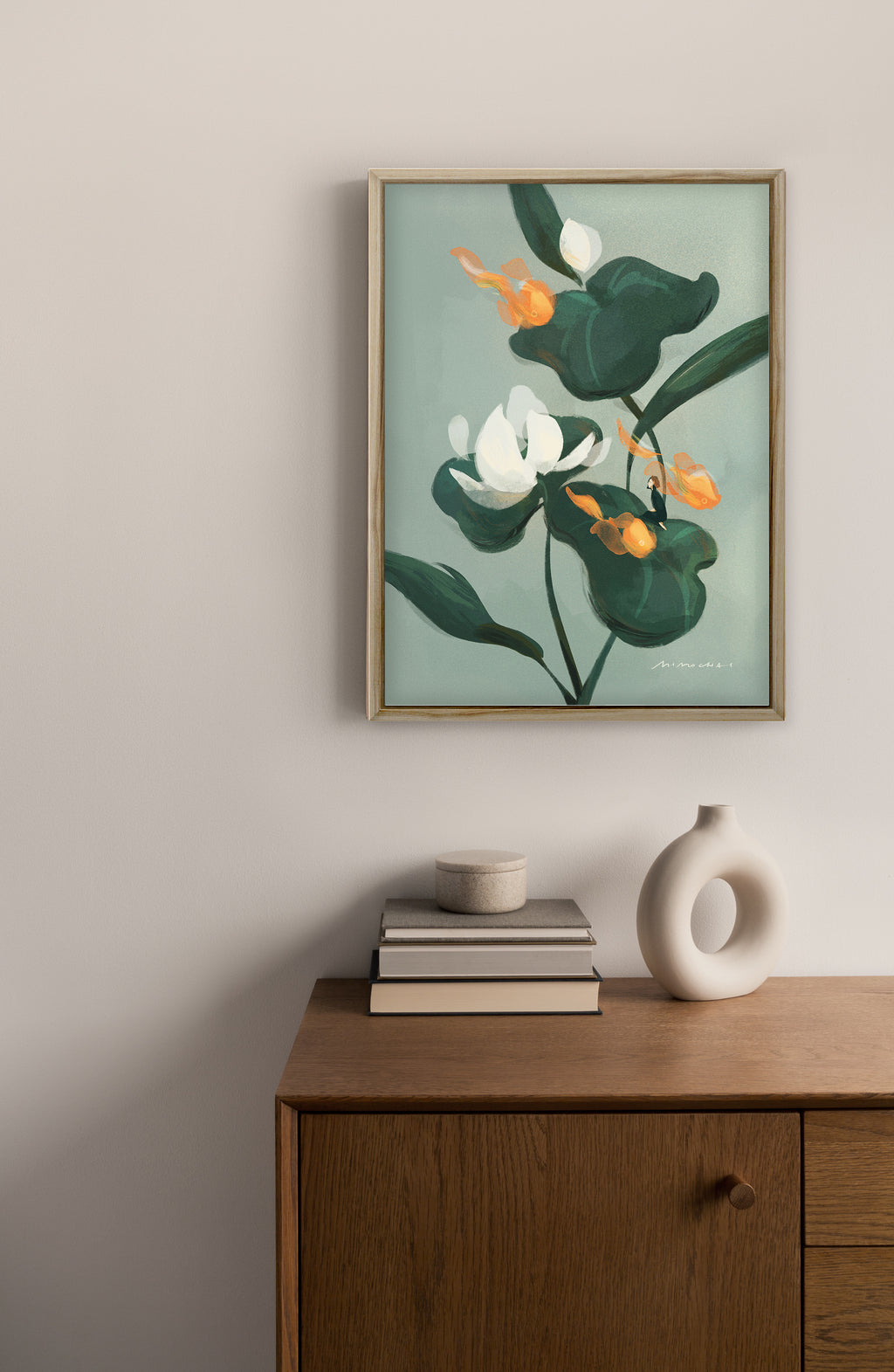 Framed canvas wall art of lotus leaves and flowers - Contemplative art print for meditation room - Mimochai