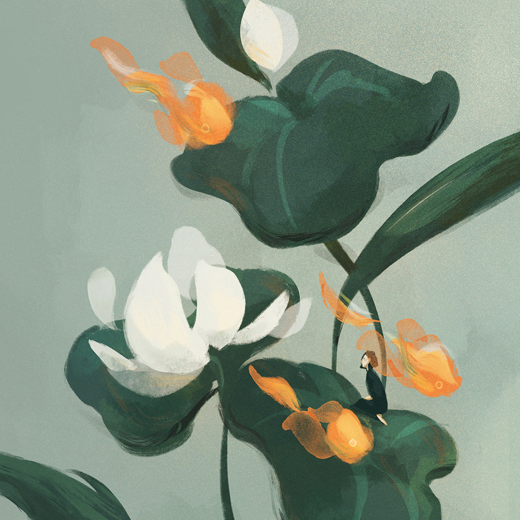 Illustration of a person sitting among large green leaves and lotus flowers with white petals on a light gray background.