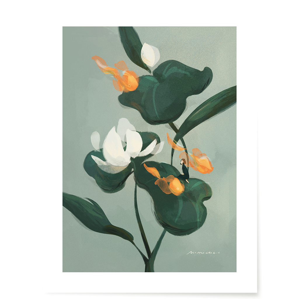 Art print of lotus flowers and goldfish on a blue background - nature illustration art print - Mimochai