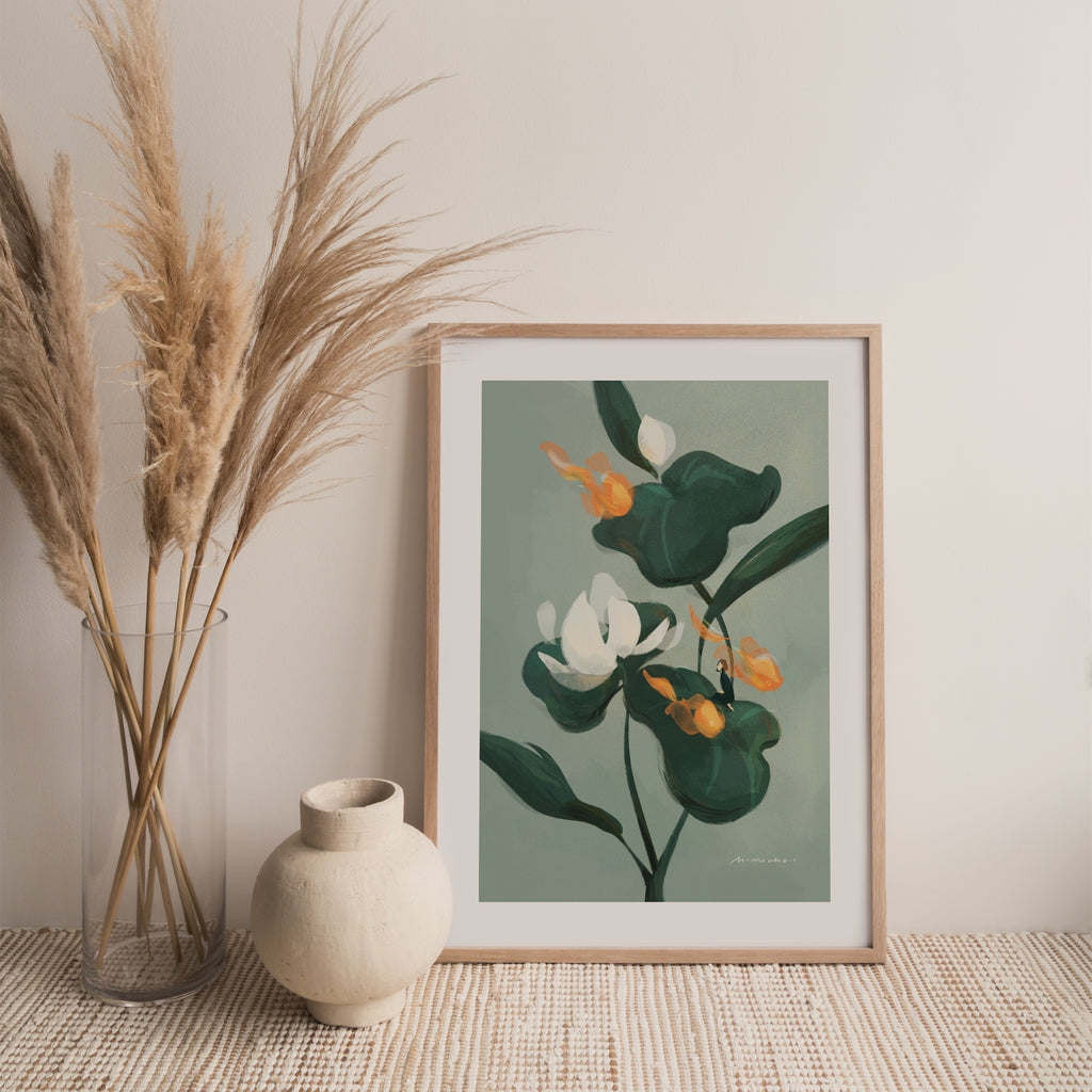 Framed art print of lotus flowers with green leaves and orange goldfish - zen art for home decor - Mimochai