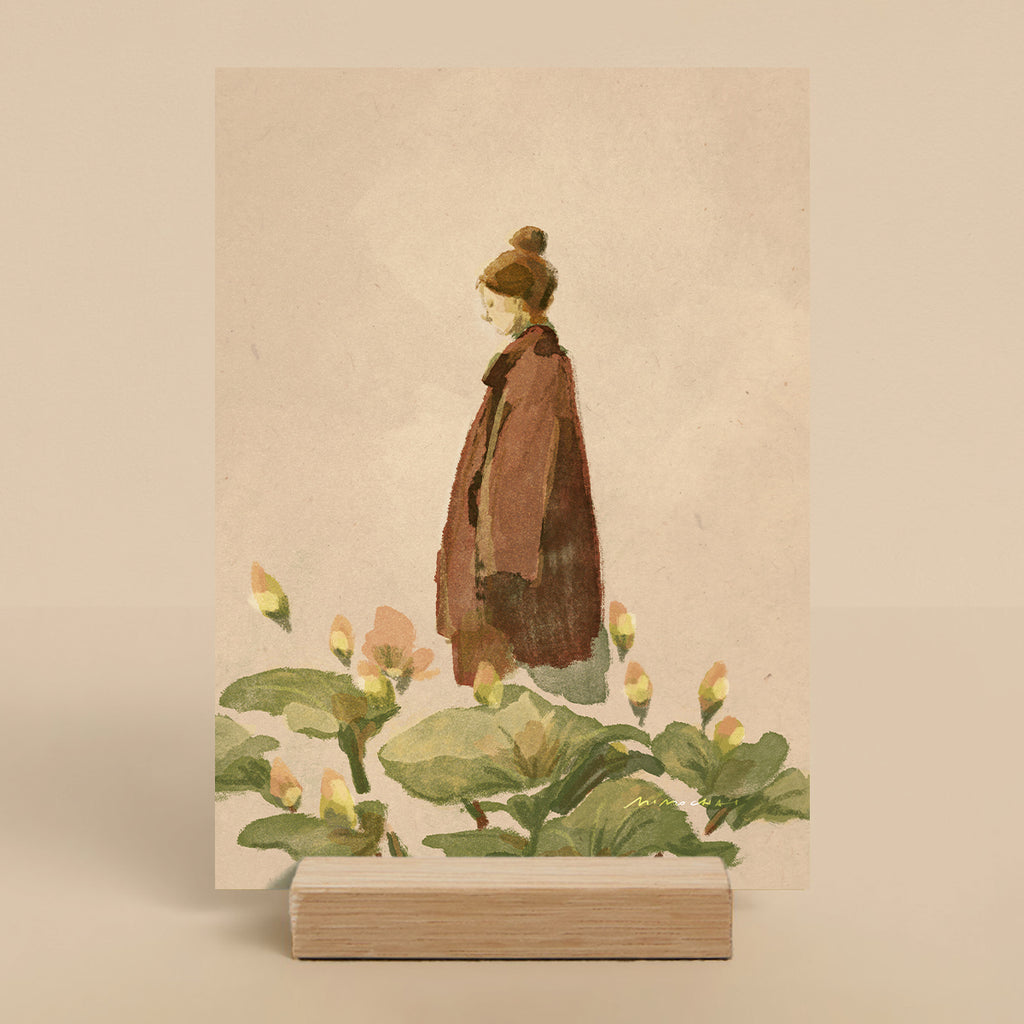 Small art print of a woman walking through lotus flowers - Calming beige pink desktop art print - Mimochai
