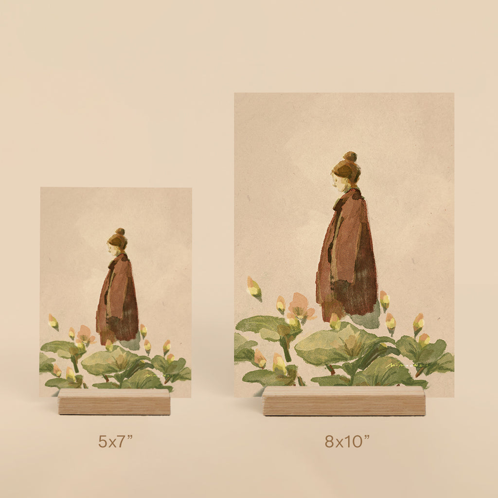 Two small art prints of a woman and lotus flowers - aesthetic and cute nature art for small spaces  - Mimochai
