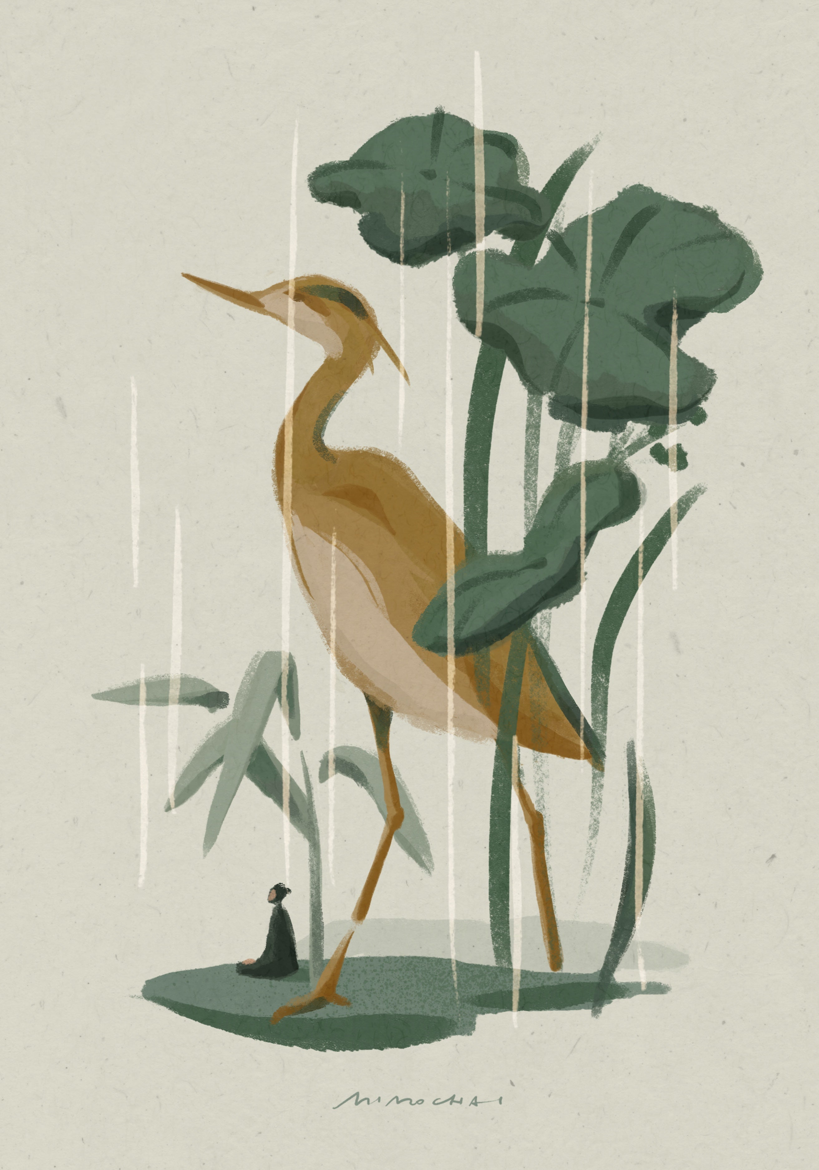Illustration of a woman and a heron by Mimochai
