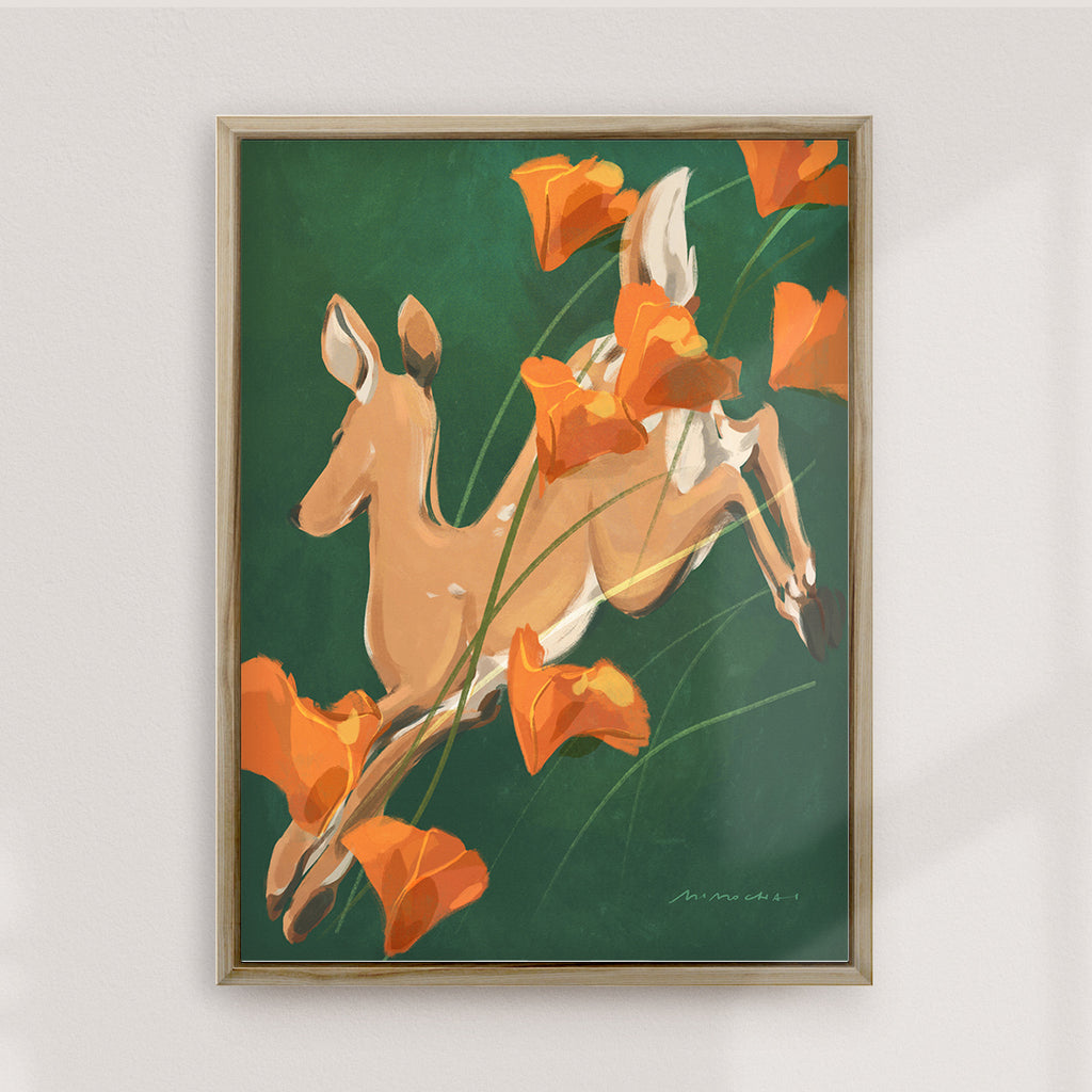 A framed canvas art print of a deer running through a field of poppies - nature illustration art print - Mimochai 