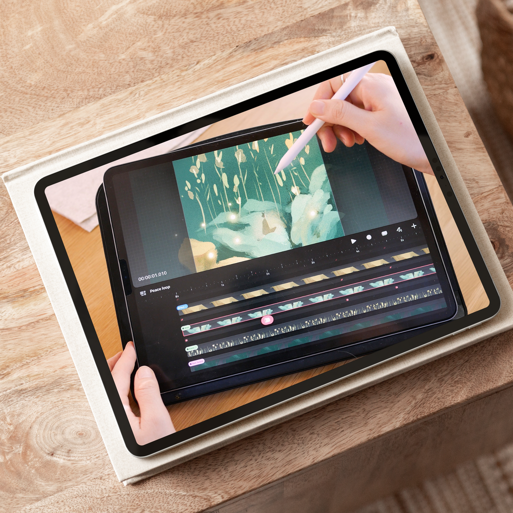 A digital illustration of a tablet displaying a drawing app, with a stylus above it, placed on a wooden surface.