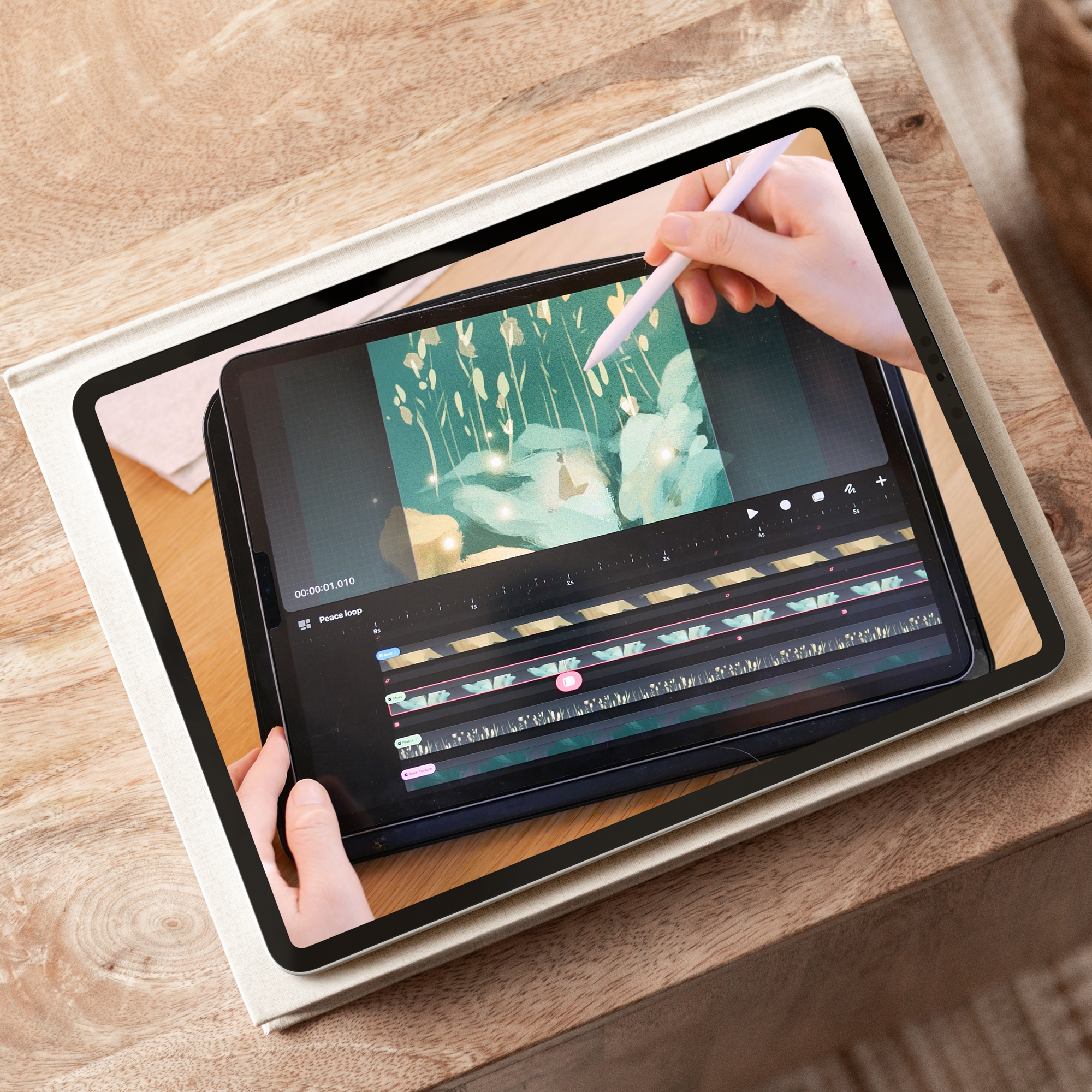 A digital illustration of a tablet displaying a drawing app, with a stylus above it, placed on a wooden surface.