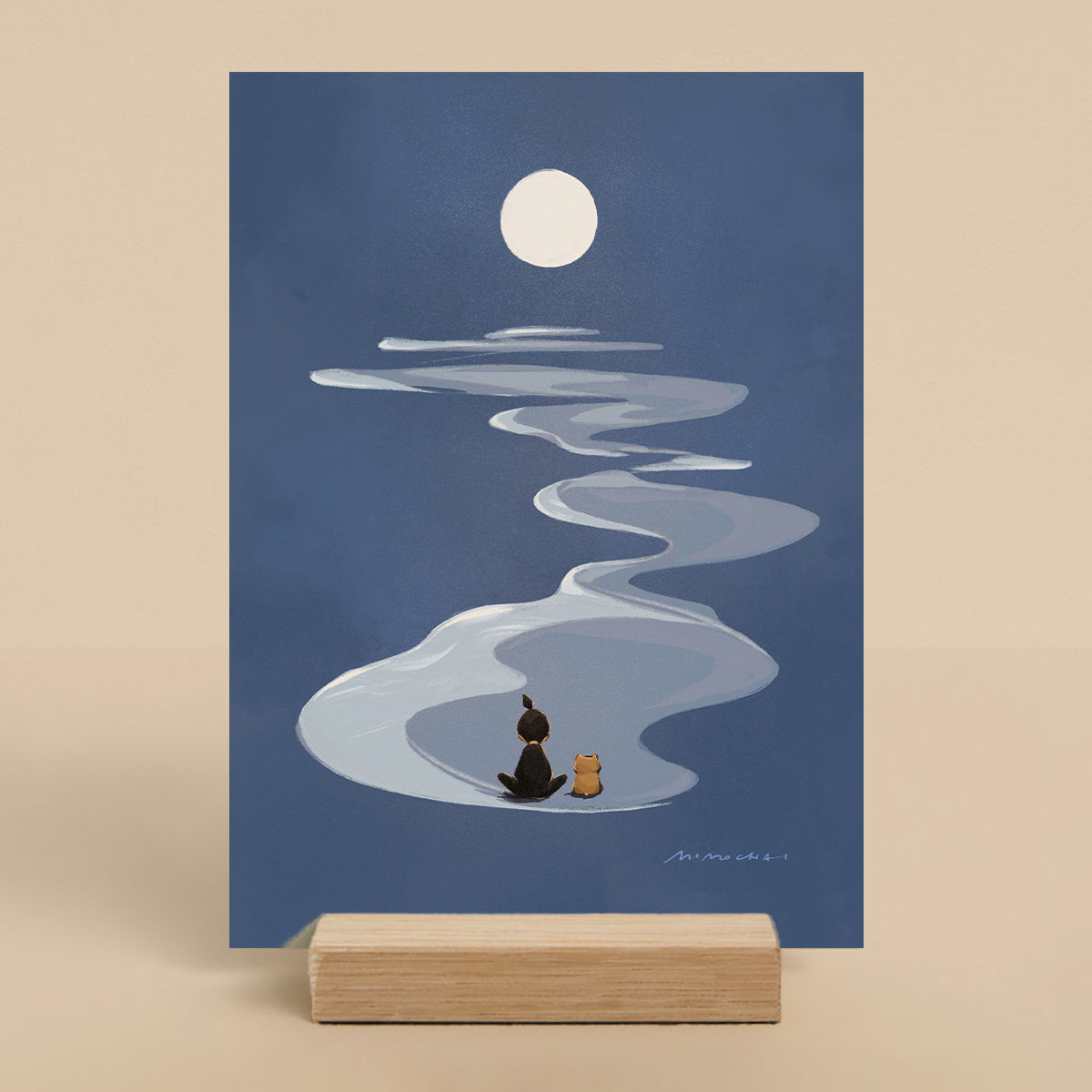 Illustration of a person and a dog sitting on a wave under a full moon, displayed on a stand.