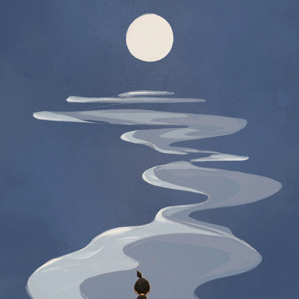 Winding path of light on a dark blue background with a full moon.