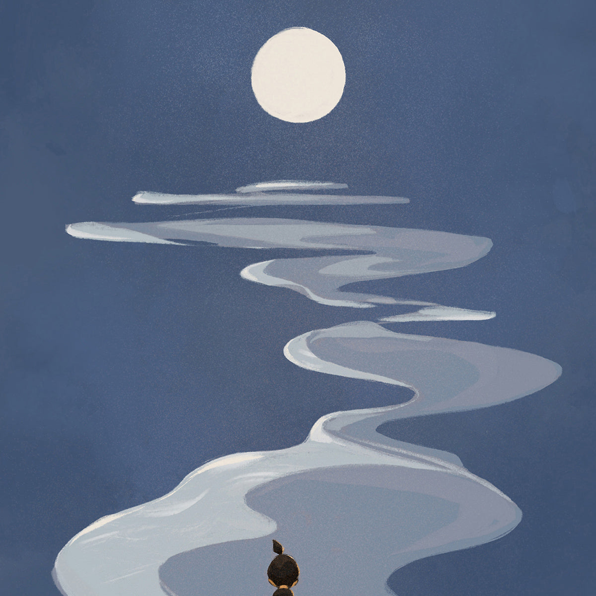 Winding path of light on a dark blue background with a full moon.