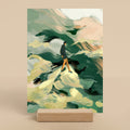 Art print of a person walking on a mountain with a wooden stand on a beige background