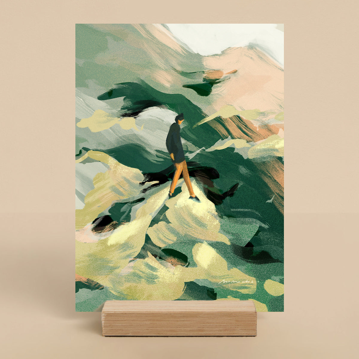 Art print of a person walking on a mountain with a wooden stand on a beige background