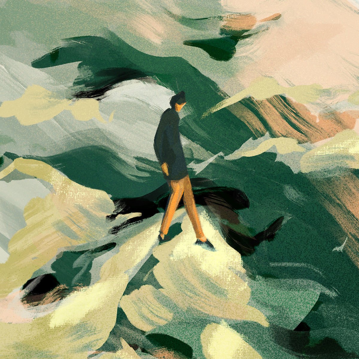 Person walking on abstract, wavy landscape with green and brown tones