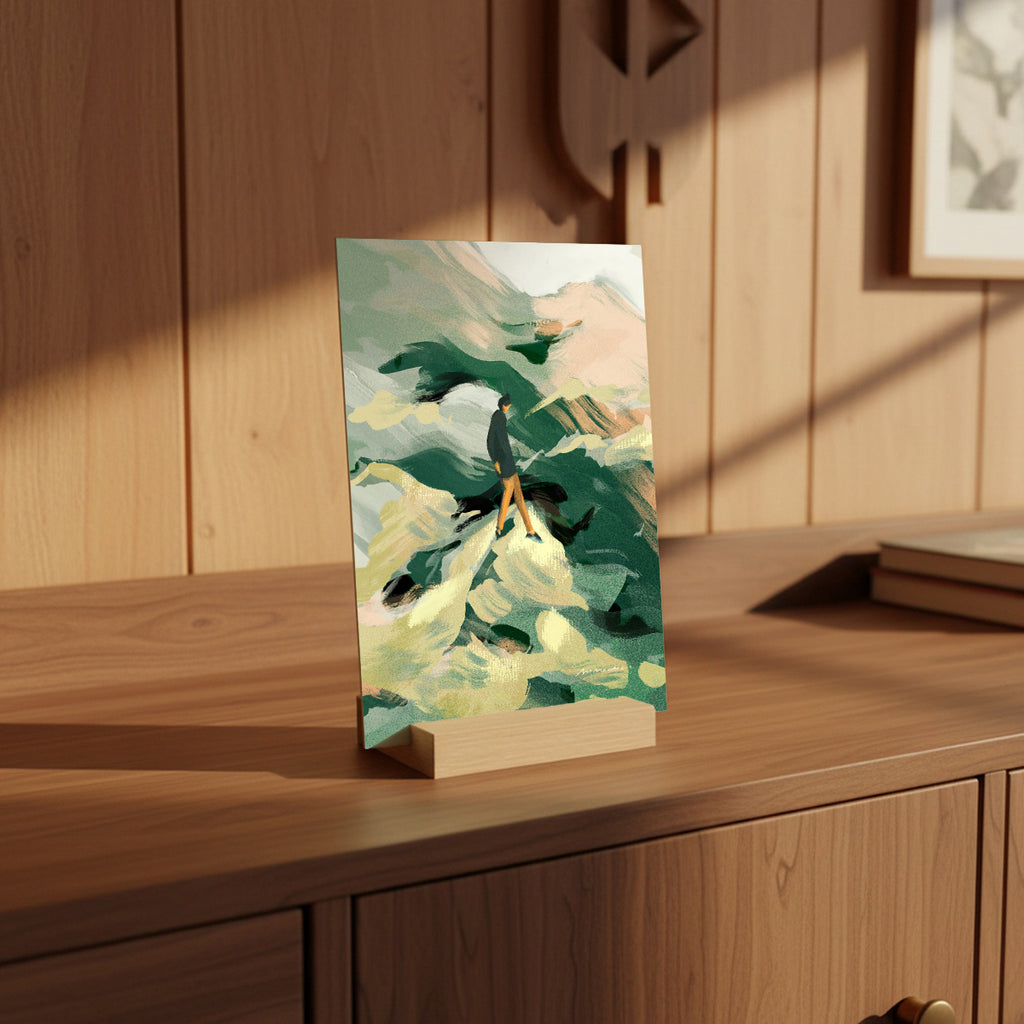 Artistic depiction of a person on a mountain with a wooden background