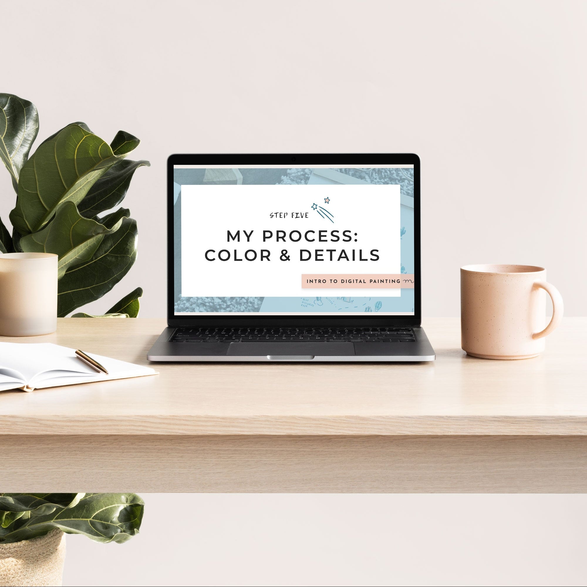An open laptop with a digital drawing tutorial explaining the artist's process and approach to color & details
