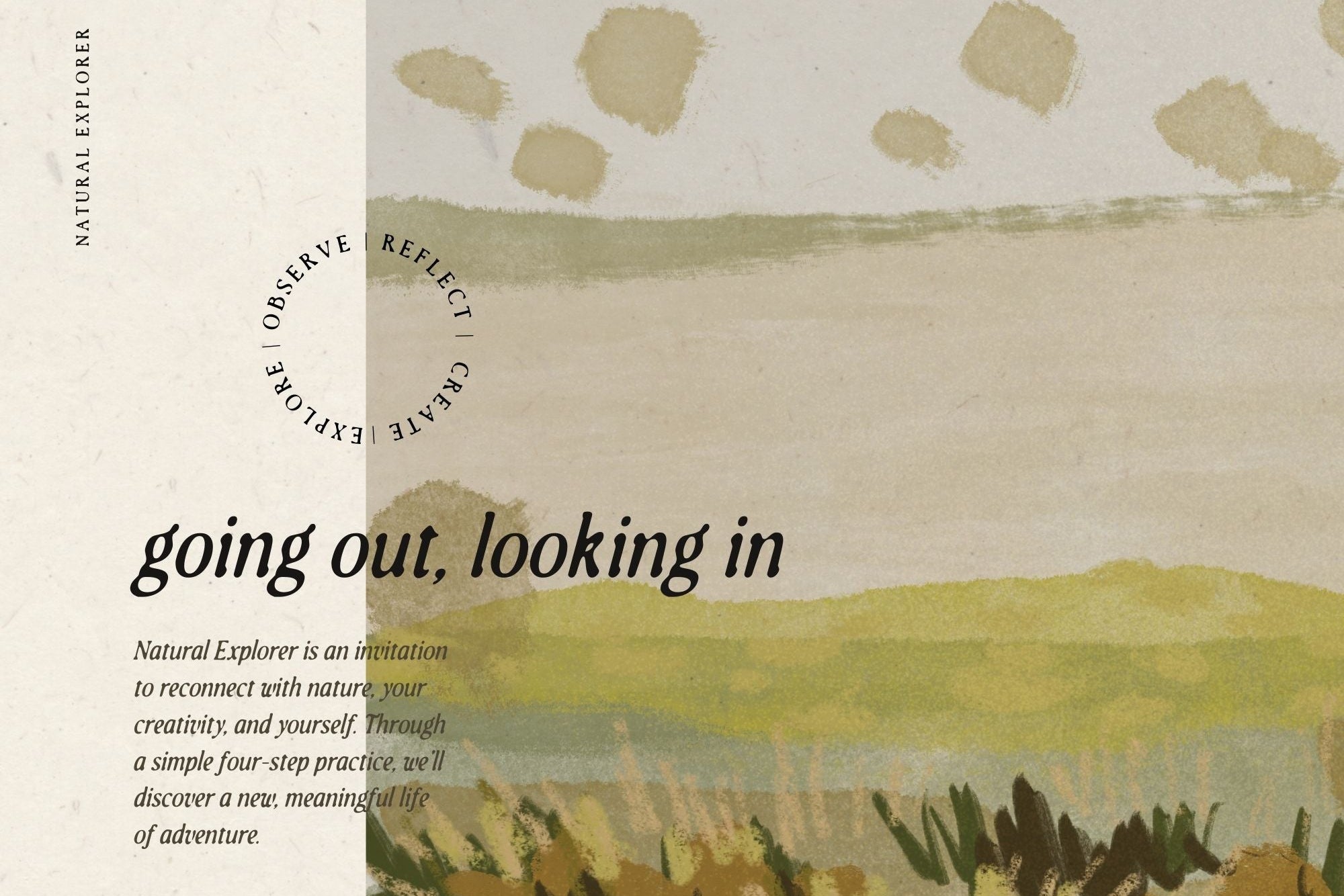 A watercolor landscape with text about exploring nature as a creative practice for connecting to nature and yourself