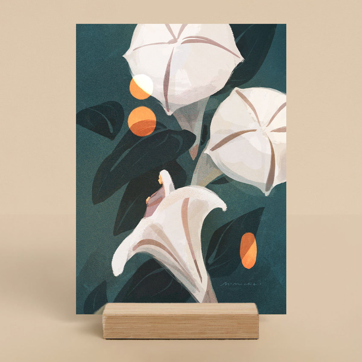 Art print of white flowers with black leaves and orange accents on a teal background, displayed on a wooden stand.