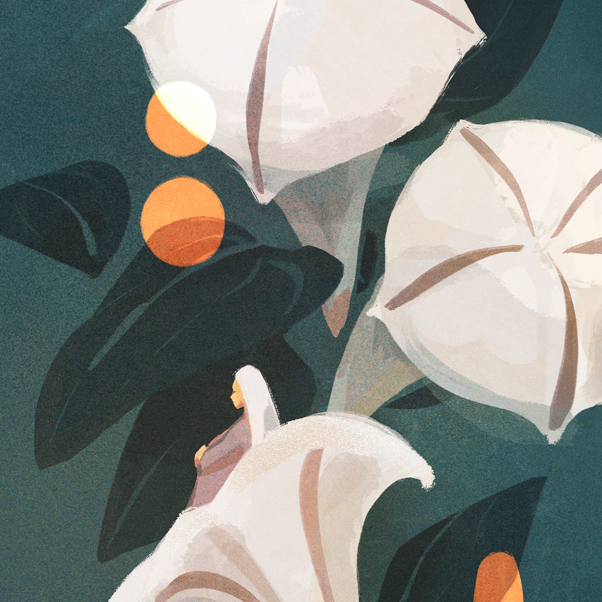 Artistic illustration of white umbrellas and leaves on a dark green background