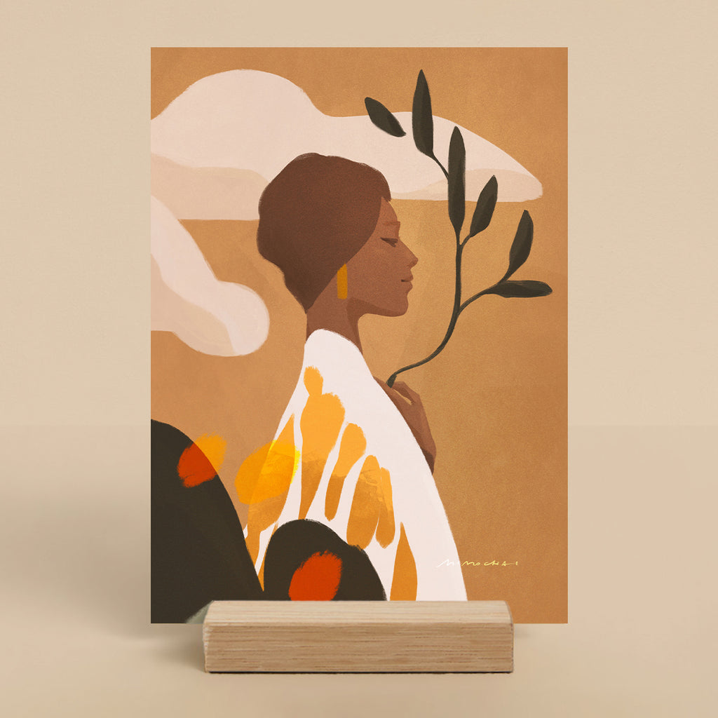Artistic depiction of a woman with abstract elements on a beige background