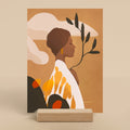 Artistic depiction of a woman with abstract elements on a beige background
