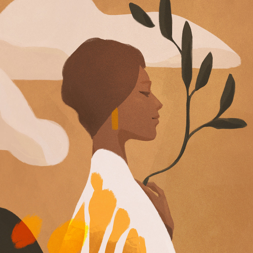 Artistic depiction of a woman with abstract elements on a warm-toned background
