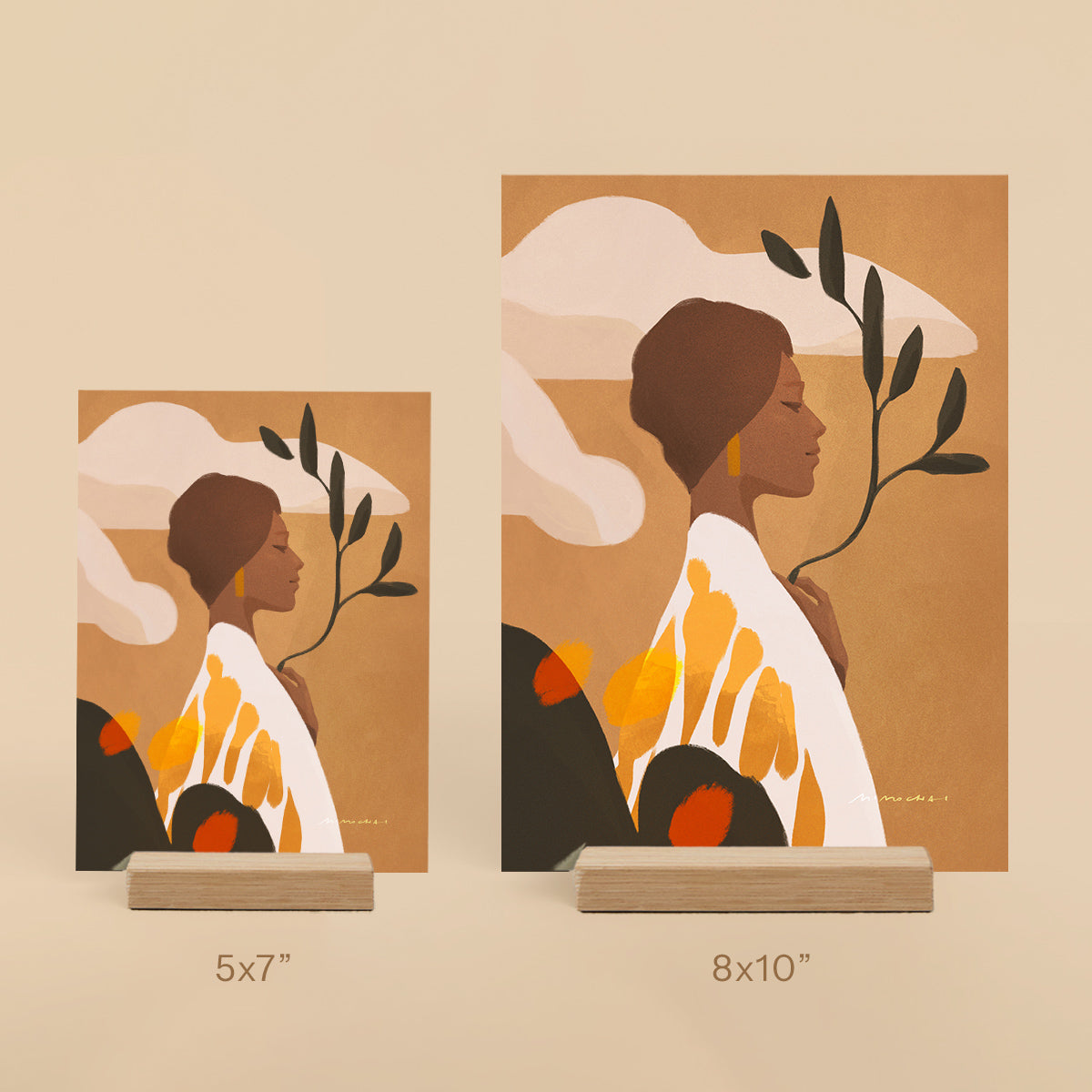 Two artistic portraits of a woman with abstract elements on a beige background