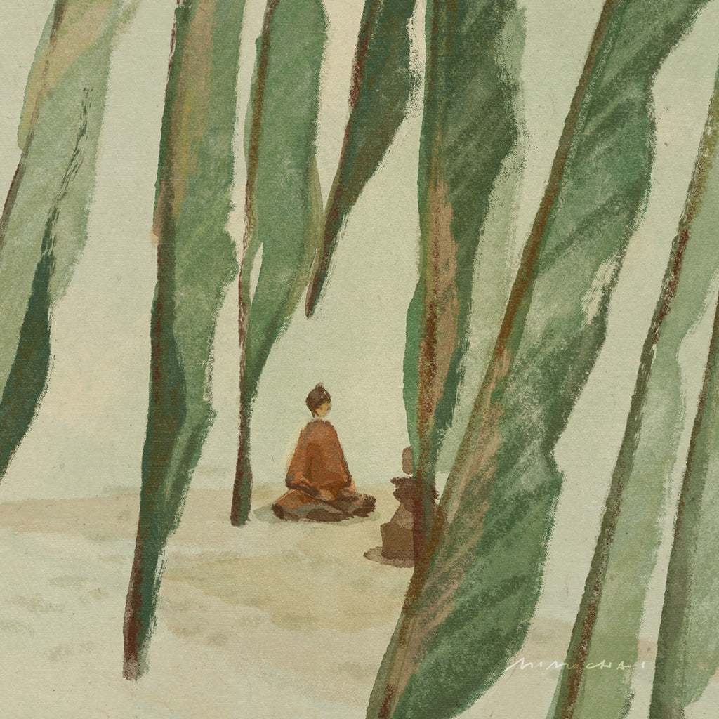 Watercolor style original artwork of two people meditating under trees - contemplative nature artwork - Mimochai