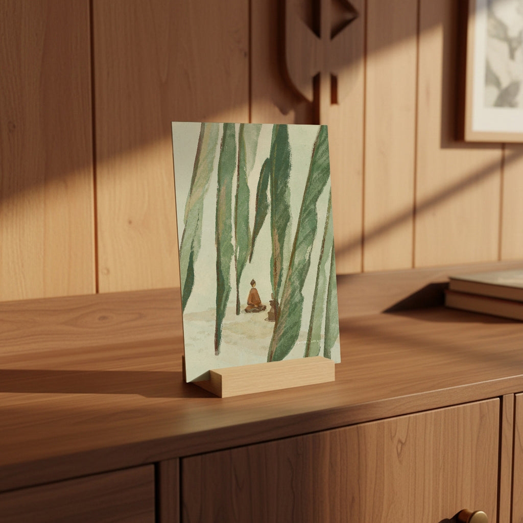 Small art print of two people meditating in a forest - calming nature art for desk - Mimochai