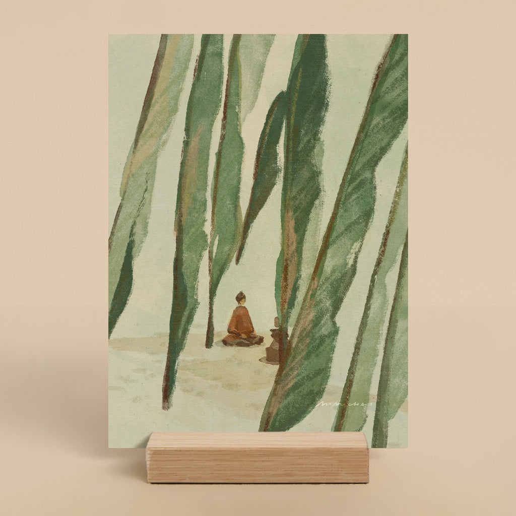 Mini print of a person meditating in nature in a wood stand - calming office decor  - Mimochai 
