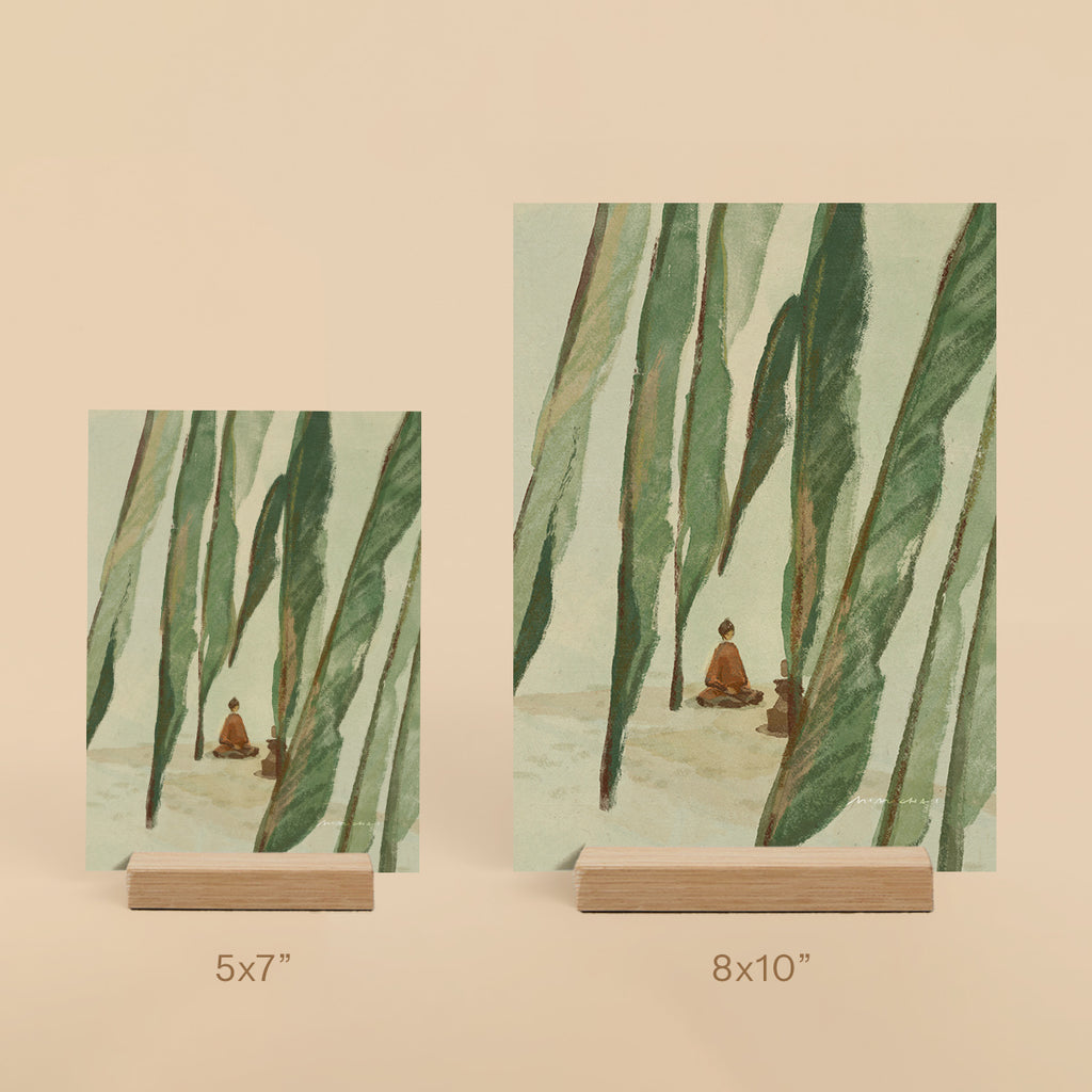 Small art prints of two people meditating between green leaves  - peaceful nature art for shelves - Mimochai