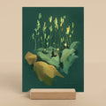 Art print with a person among plants on a dark green background