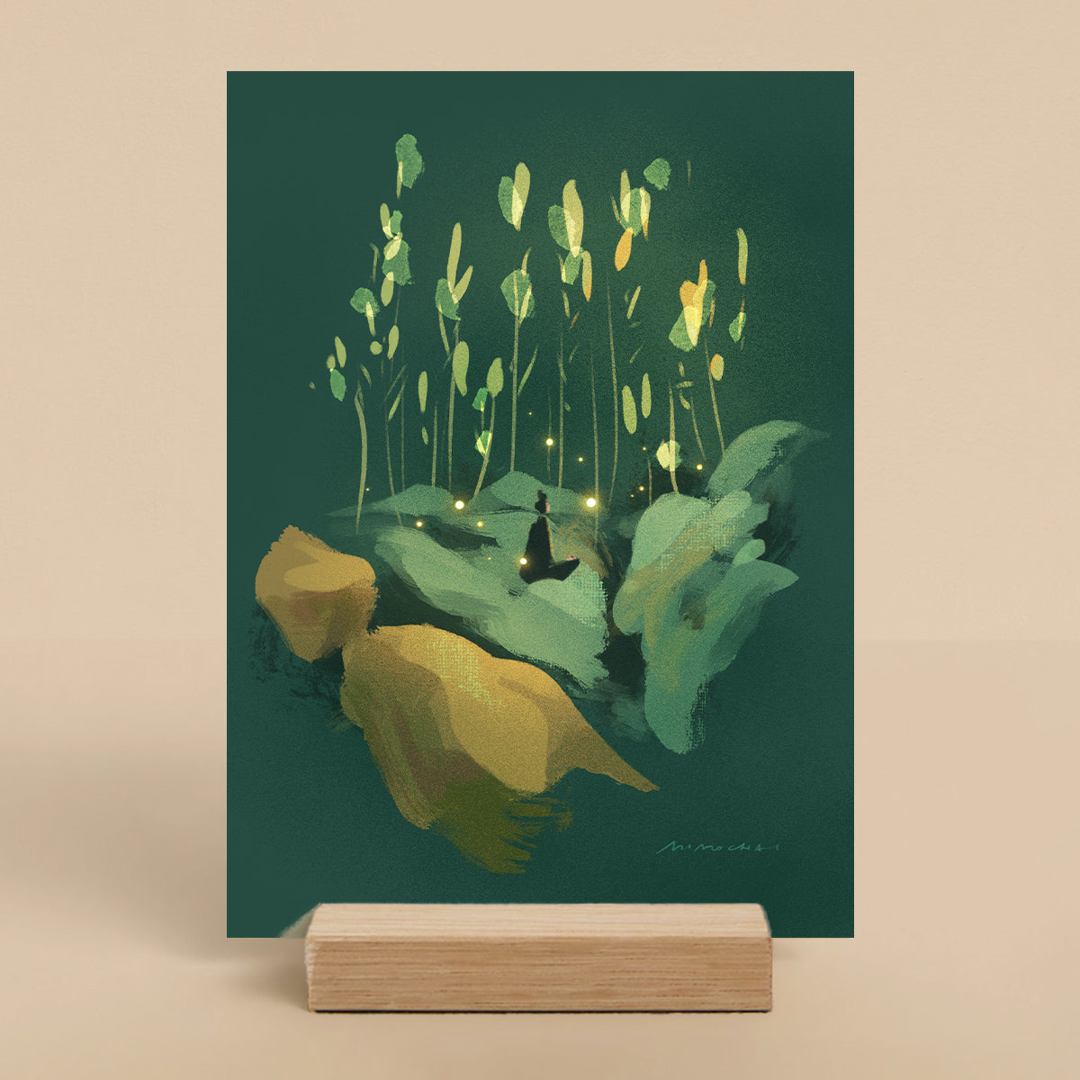Art print with a person among plants on a dark green background