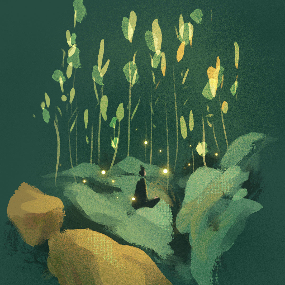 Illustration of a person sitting among glowing plants on a dark green background