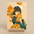 Artistic depiction of a woman with flowers on a beige background