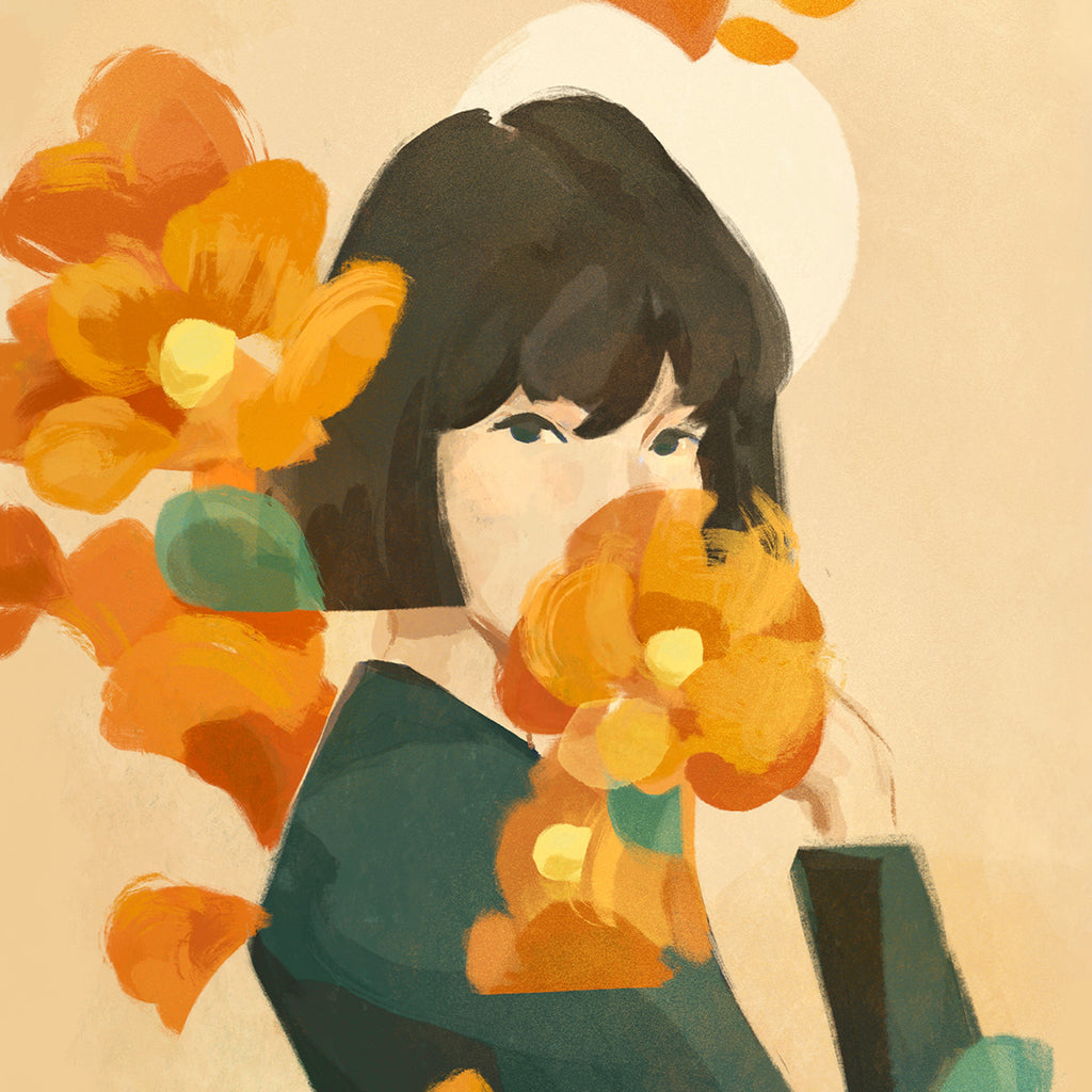 Illustration of a person holding flowers with a beige background