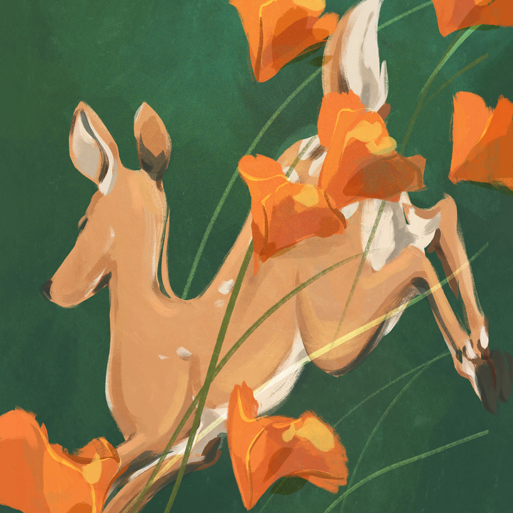 Illustration of a deer among orange flowers on a green background