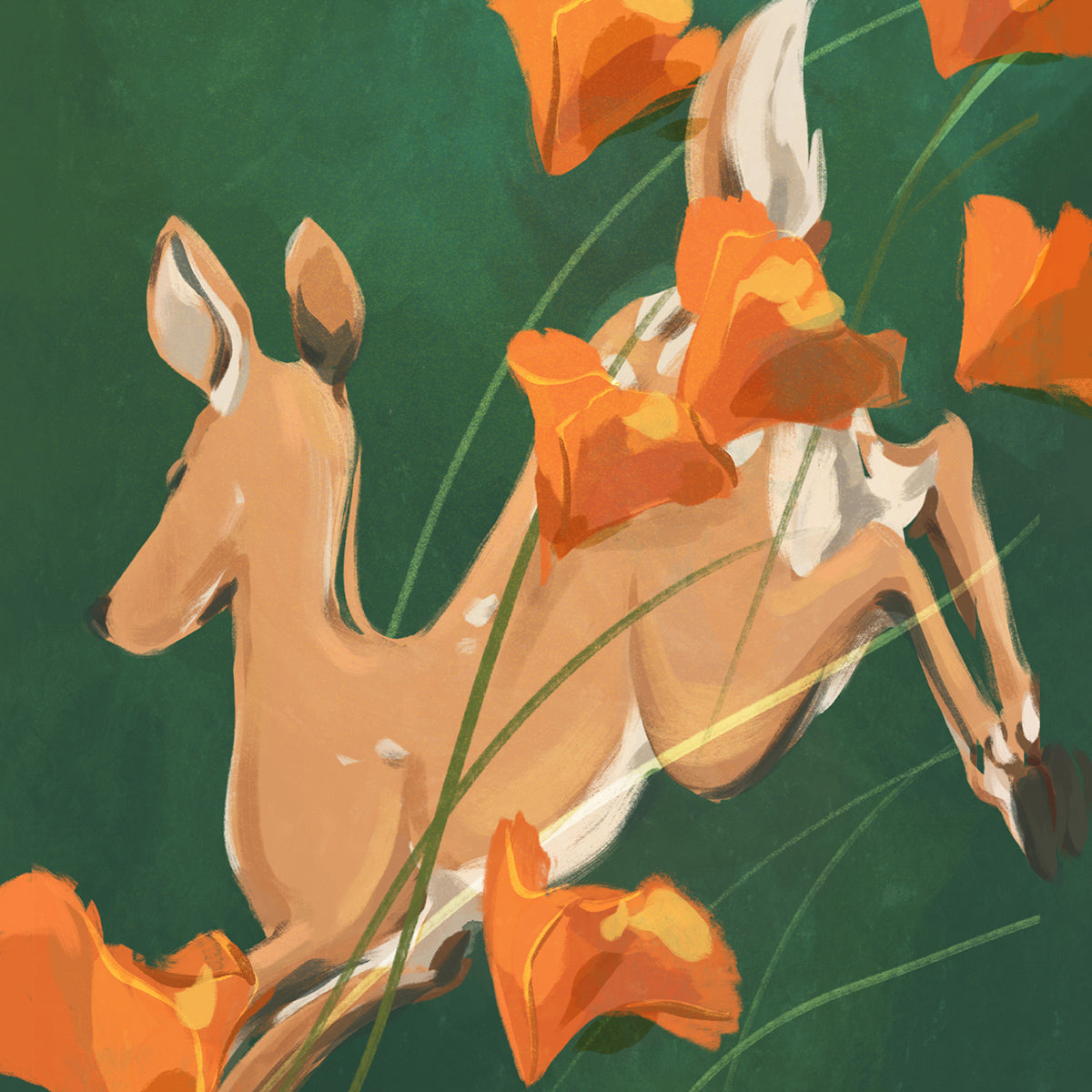 Illustration of a deer among orange flowers on a green background