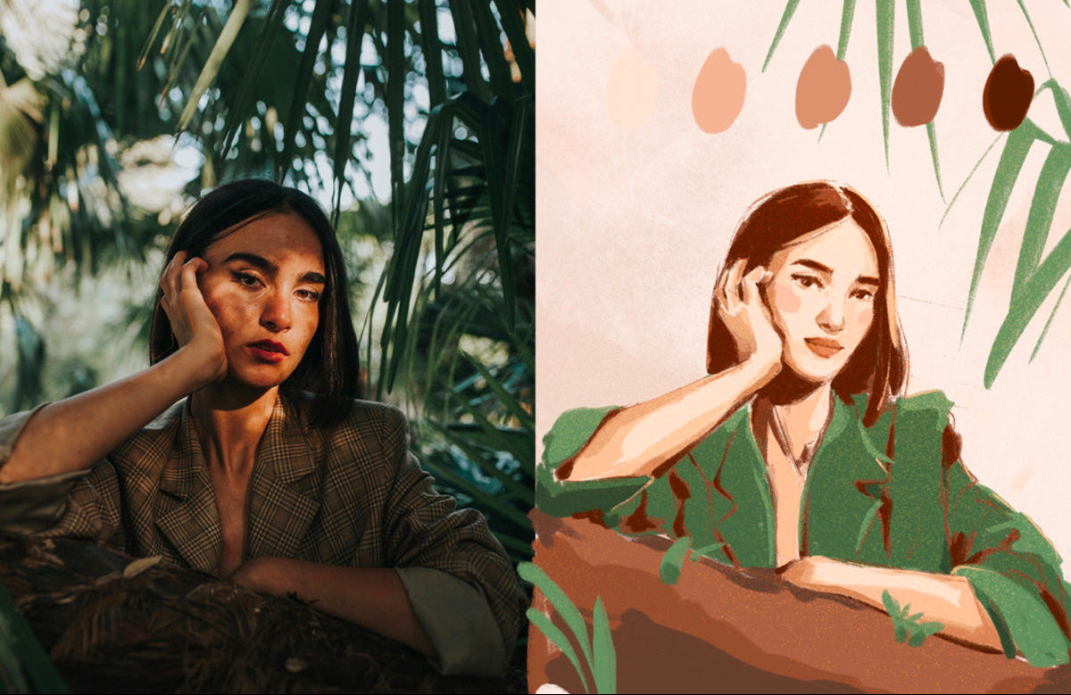 Side by side comparison of a photo and drawing of a girl under a palm tree