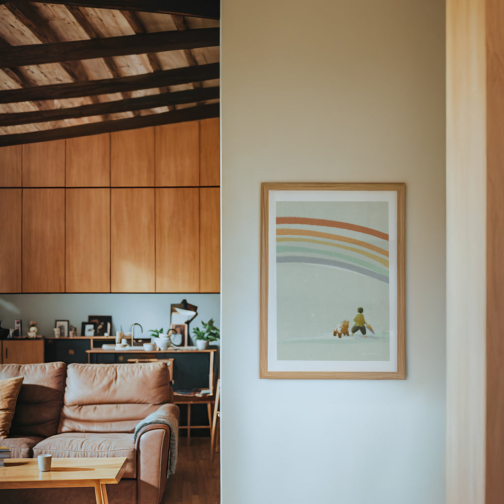 Framed watercolor-style artwork of a child and dog standing below a rainbow - mindful art for home - Mimochai