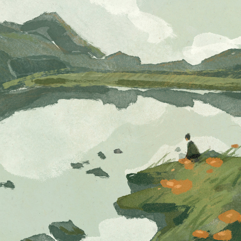 Illustration of a person sitting on a cliff overlooking a lake with mountains in the background  - Contemplative nature illustration - Mimochai 