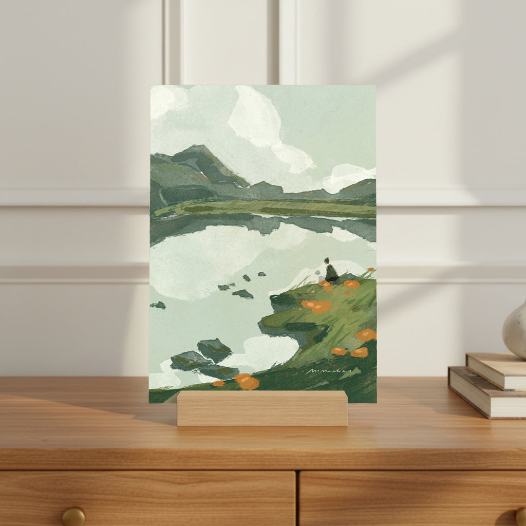 Small art print of a mountain lake standing in a wood stand - nature adventure home decor -  Mimochai 