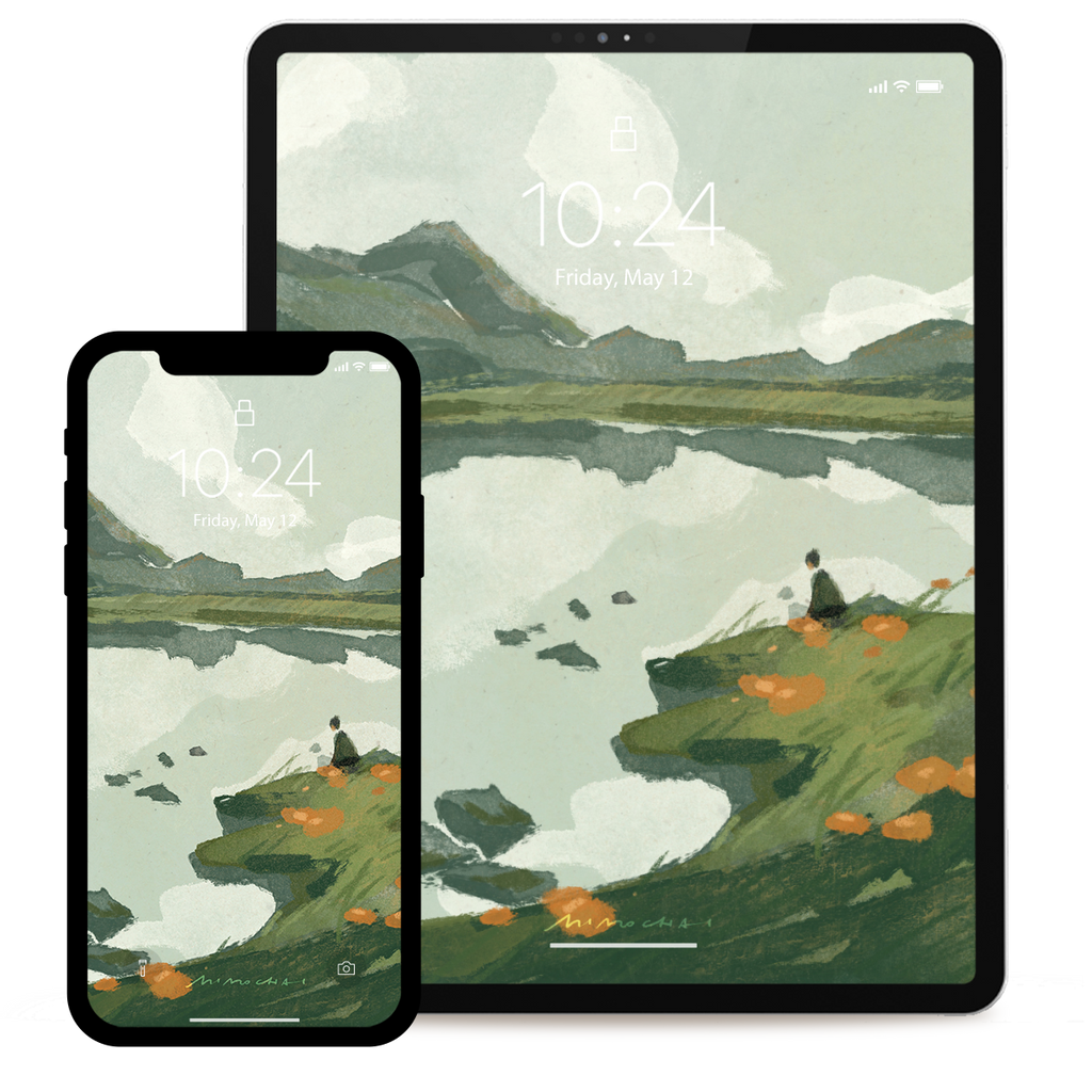 Two devices displaying a scenic wallpaper with mountains and a person.