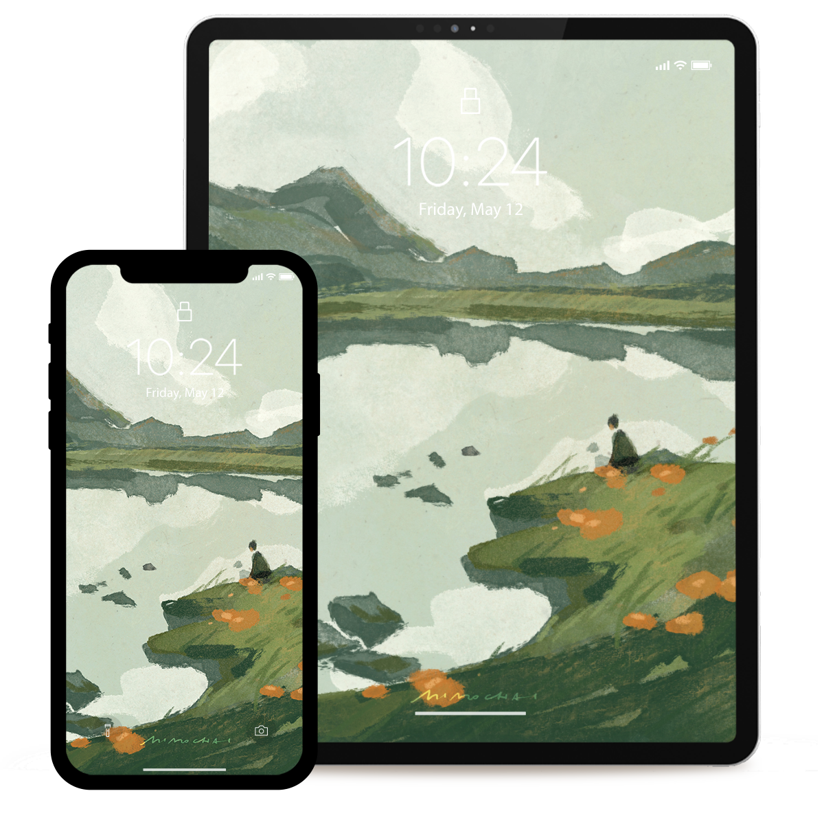 Two devices displaying a scenic wallpaper with mountains and a person.