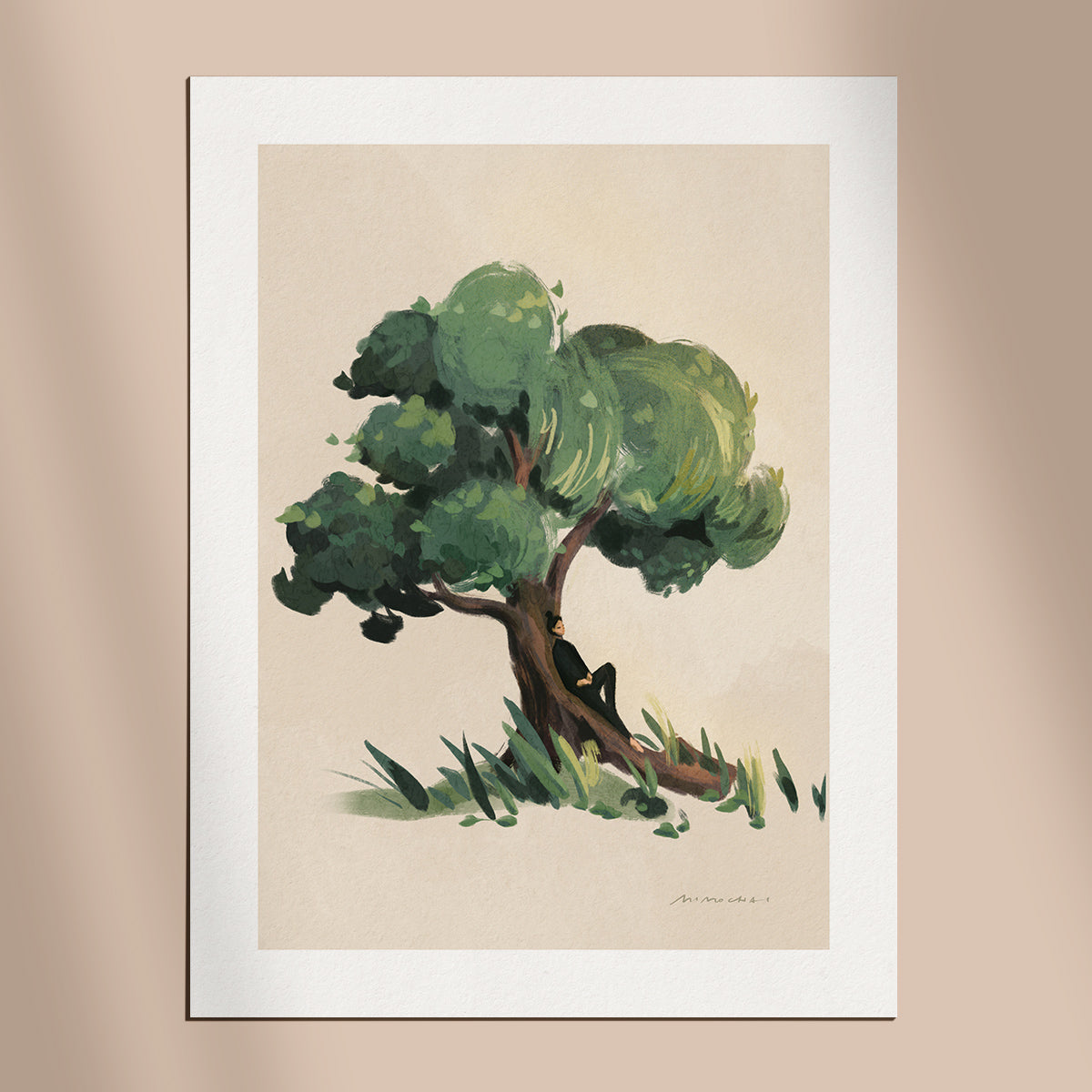 Art print of a tree with a person sitting underneath on a beige background