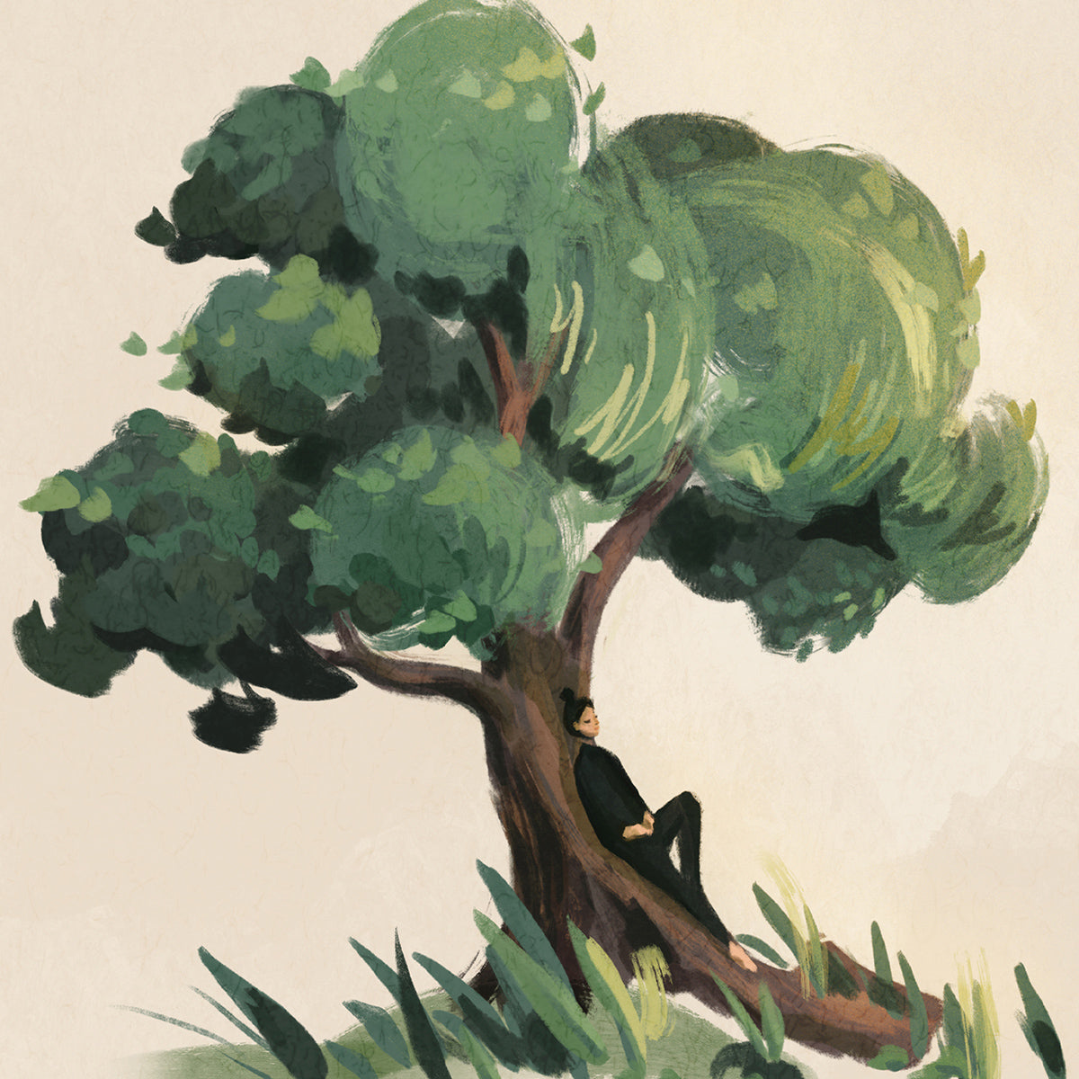 Illustration of a person sitting under a large tree with green leaves.