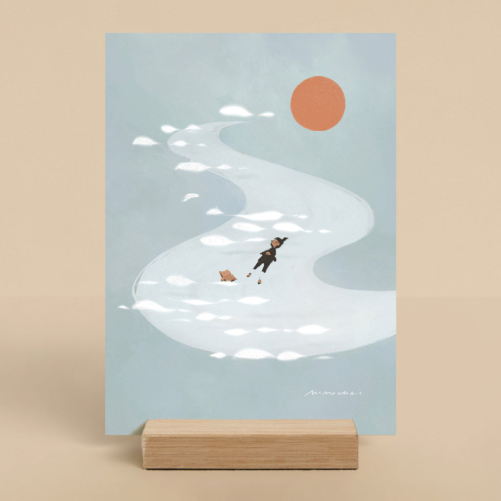 Illustration of a person and dog floating in a blue river with the sun in the sky, displayed on a beige background.