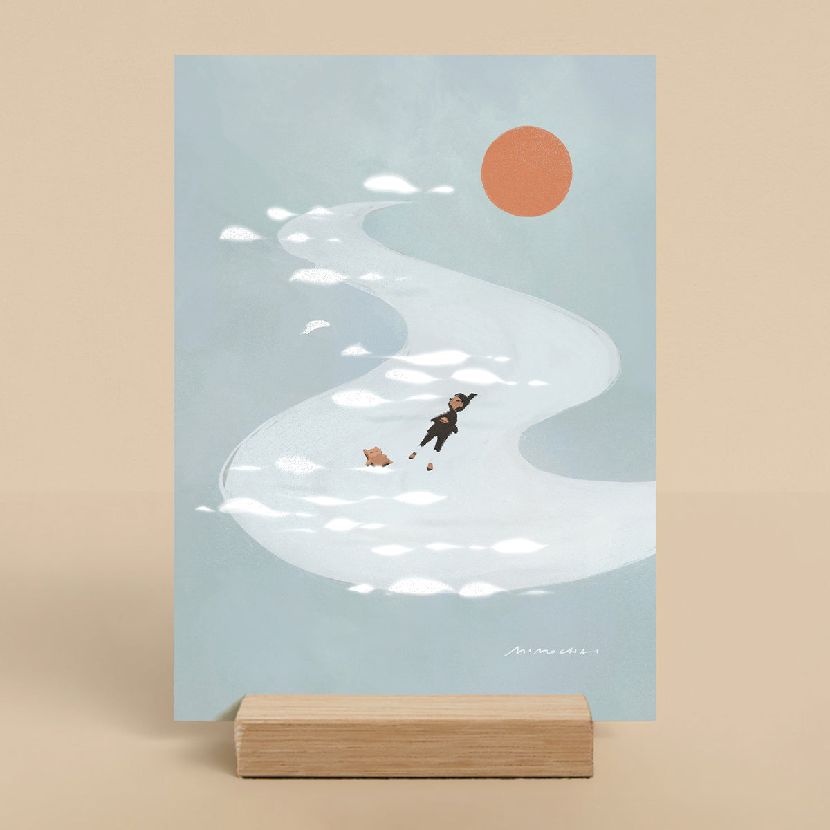 Illustration of a person and dog floating in a blue river with the sun in the sky, displayed on a beige background.